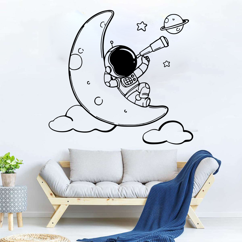 Baby Nursery Vinyl Wall Stickers - Мультяшный астронавт на луне, наклейка на