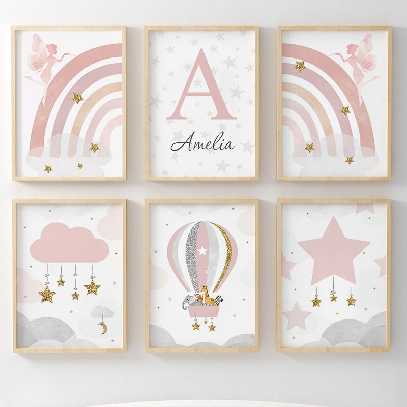 Baby Nursery Prints - Розовый ангел, радуга, настенный декор для