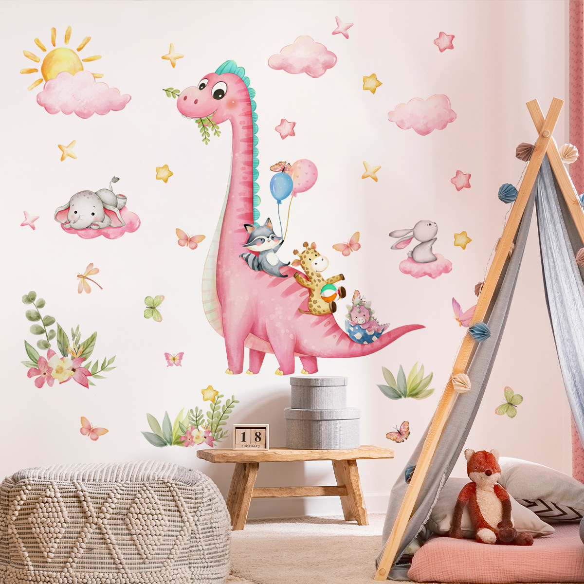 Baby Nursery Vinyl Wall Stickers - Большой мультяшный розовый динозавр, парк животных,