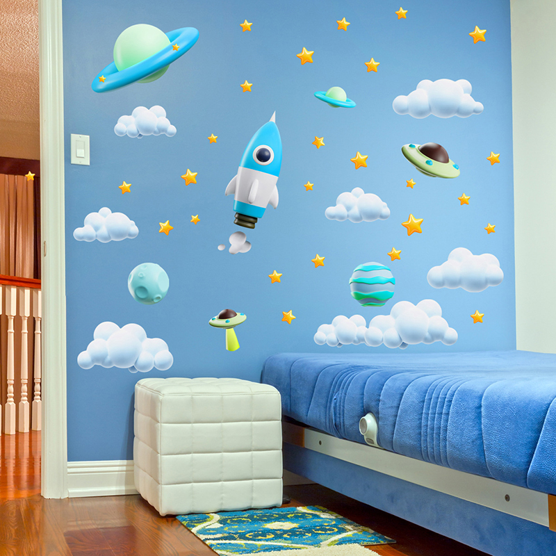 Baby Nursery Vinyl Wall Stickers - Синяя Галактика, космическая ракета, НЛО, стикер
