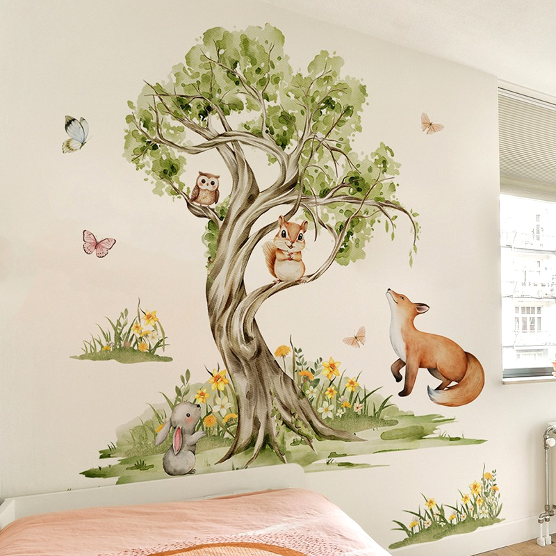 Baby Nursery Jungle Animals - Акварельный лес, большое дерево, животные, стикер