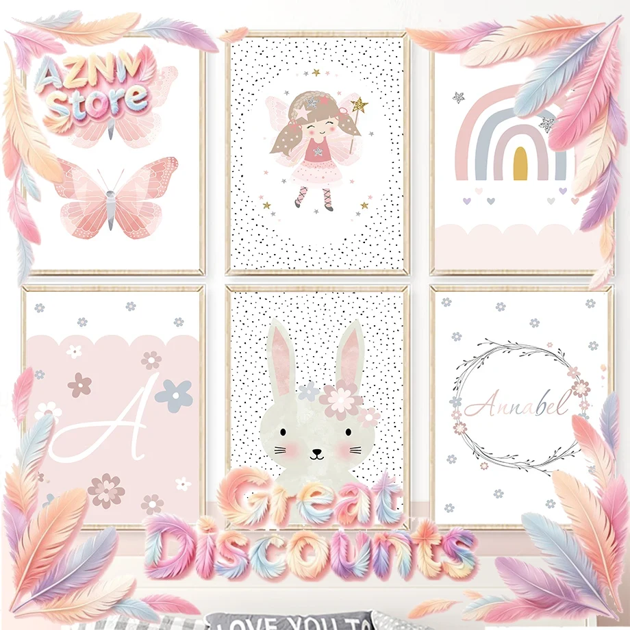 Baby Nursery Prints - Милая Девочка, Кролик, Цветок, Бабочка, Радуга: