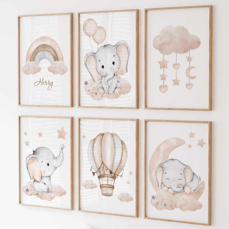 Baby Nursery Prints - Милый слон, горячий воздушный шар, луна,
